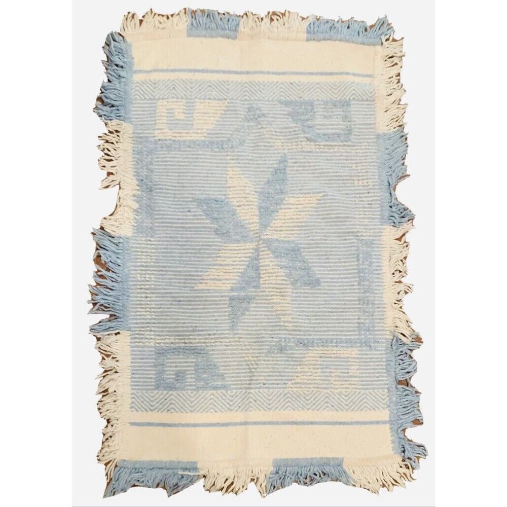 Hand Made Rug Blue White 55"x 34" Star Throw Chenille Woven Southwest Style Rect